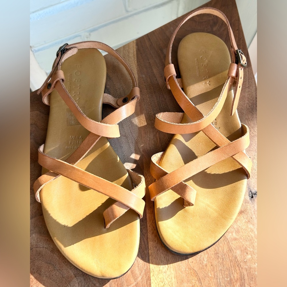 NEW Poetry Italian Leather Strappy Flat‎ Sandals Light Brown Tan 6